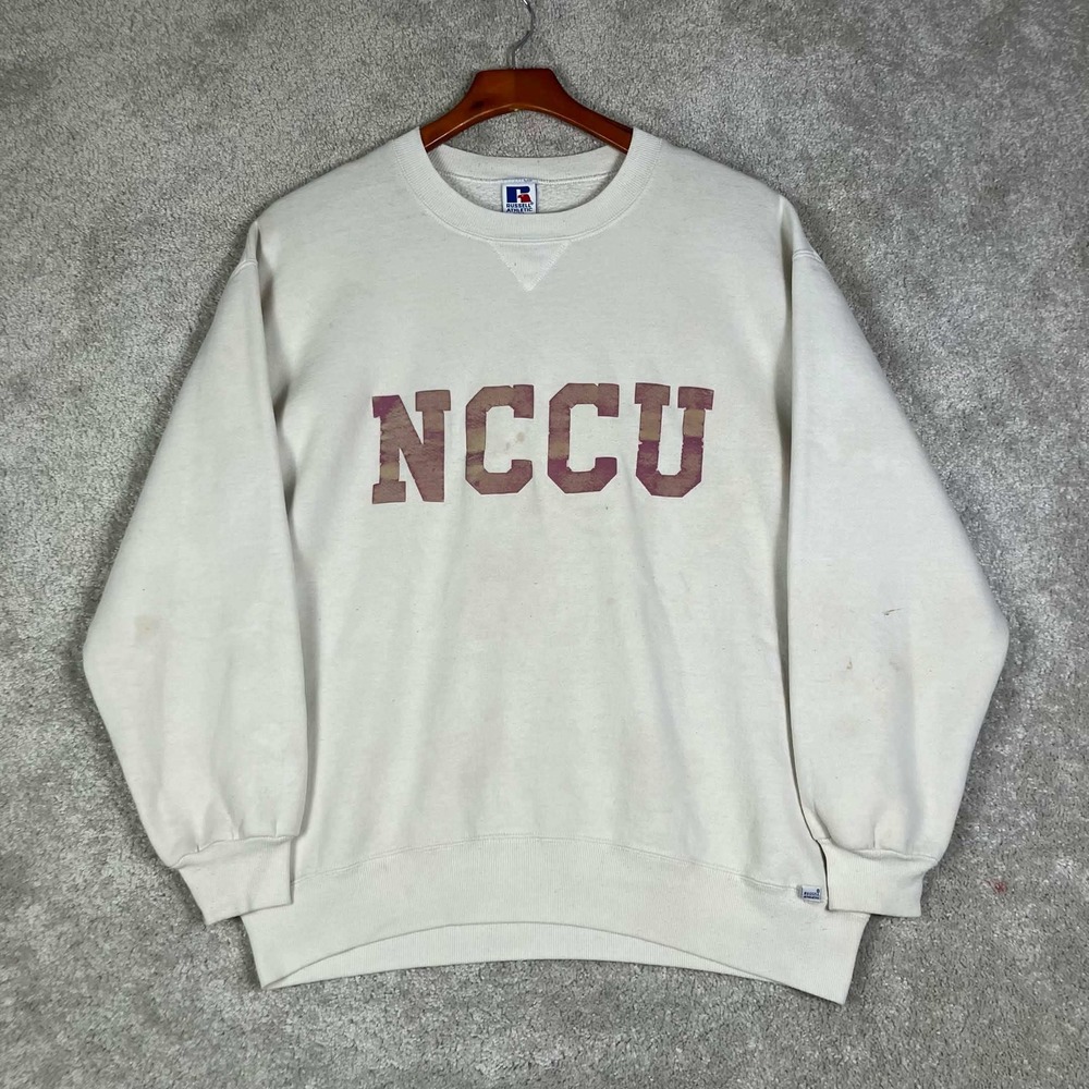 Vintage Russell Athletic Sweatshirt Flocked Mens XXL Cream NCCU Uni USA Made